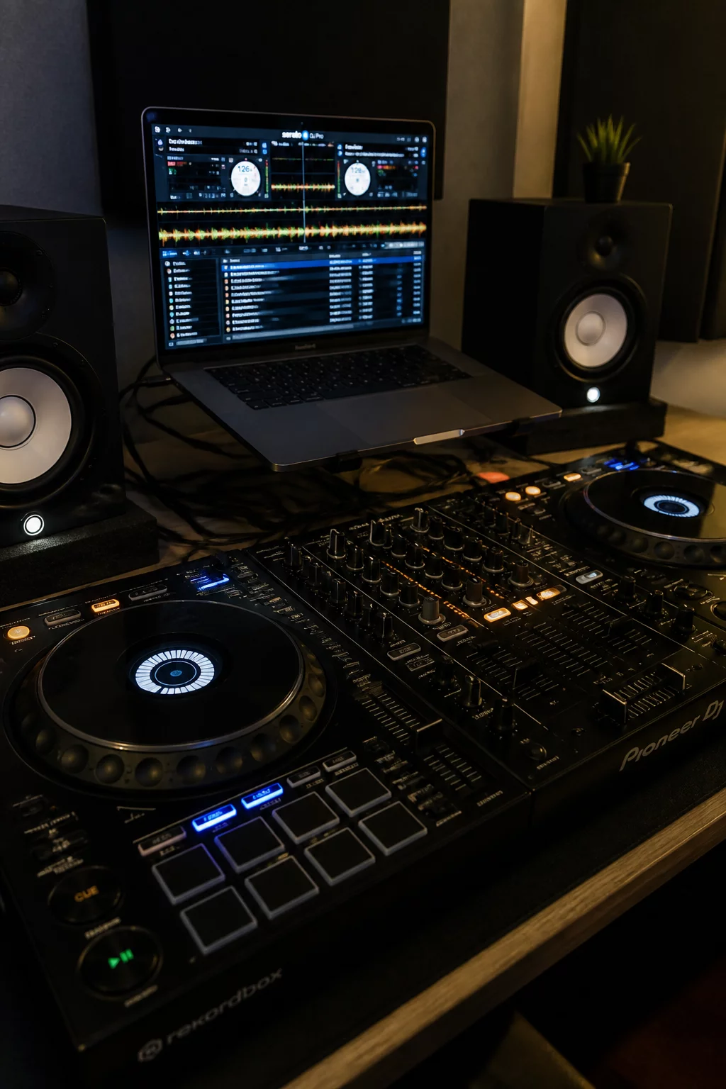 Digital DJ performance workstation with Serato DJ Pro controllers and waveform monitor